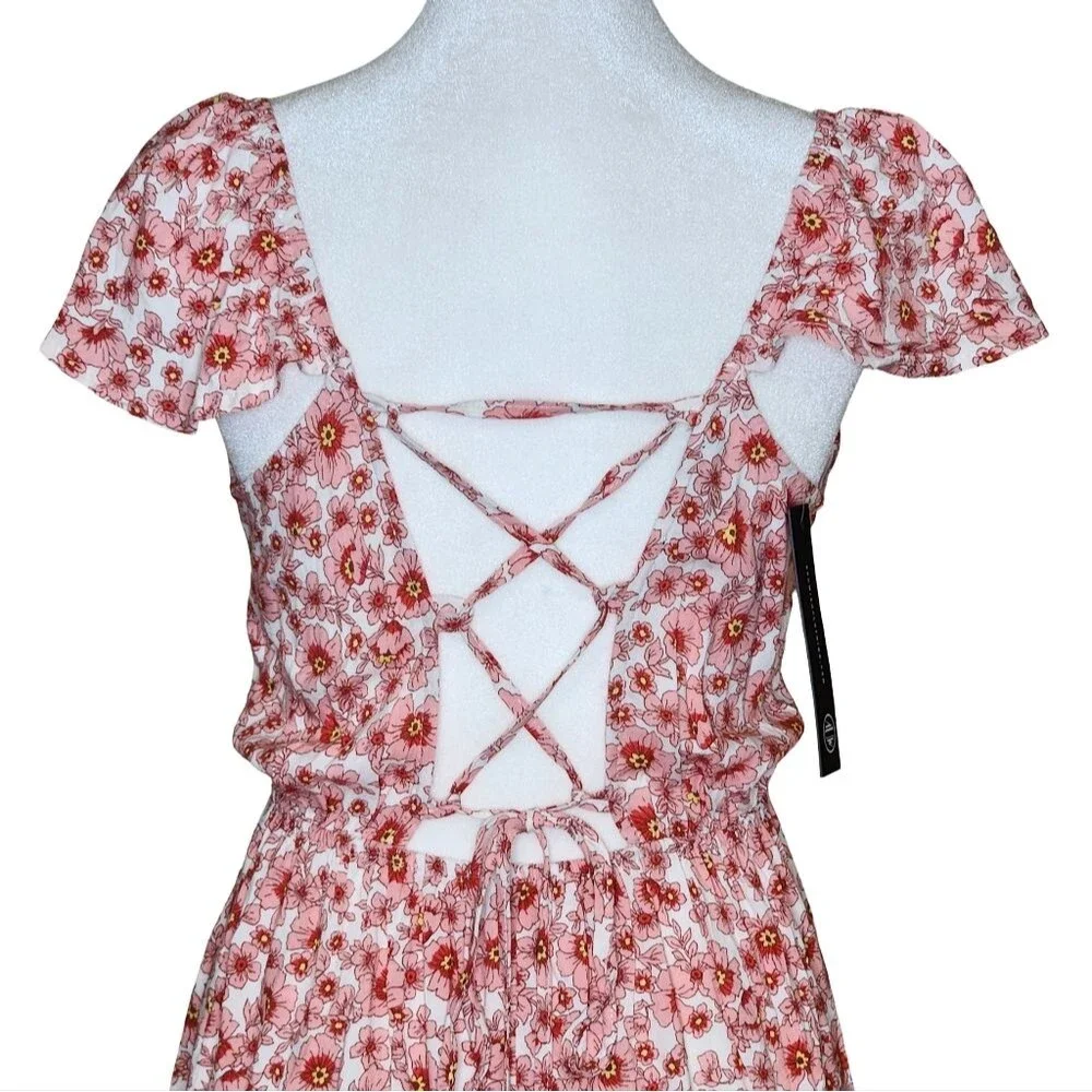 As U Wish Pink Floral High-Low Tie-Back Flutter Sleeve Dress Junior's Small NWT